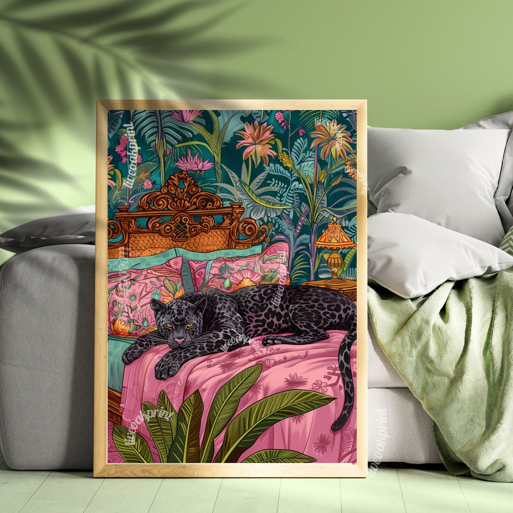 Black Panther on a Bed  - Vintage Black Puma Print - Pink Maximalist Print - Dark Boho Wall Art - Maximalist Panther Print