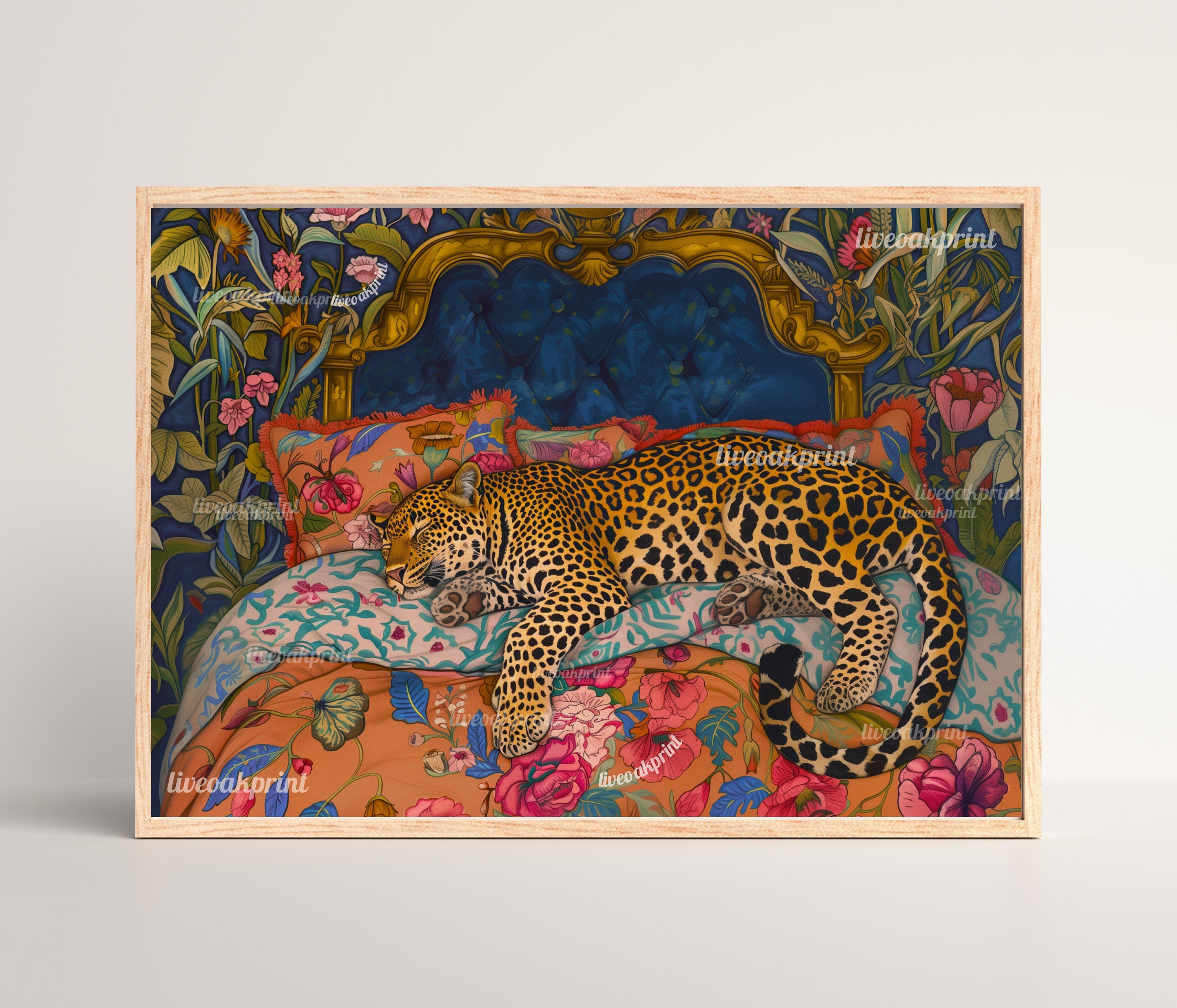 Blue & Terracotta Sleepy Leopard In a Vintage Bed - Leopard Bedroom - Maximalist Wall Art - Leopard Print - Leopard Wall Art