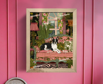 Boston Terrier Lounging on a Luxury Sofa - Maximalist Wall Art - Boston Terrier Dog Print - Maximalism Dog Print - Boston Terrier Gift LiveOakPrint