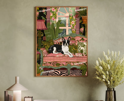 Boston Terrier Lounging on a Luxury Sofa - Maximalist Wall Art - Boston Terrier Dog Print - Maximalism Dog Print - Boston Terrier Gift LiveOakPrint