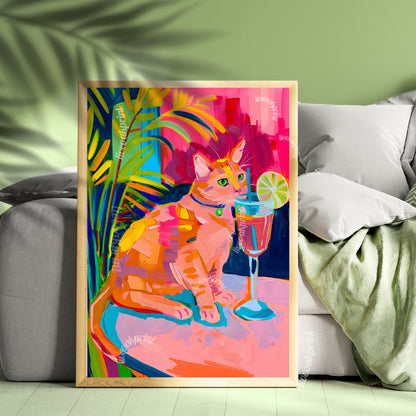 Cat Cocktail Print - Cat Decor - Trendy Cocktail Print - Preppy Wall Art - Trending Art - College Dorm Decor - Pink Bedroom Decor LiveOakPrint