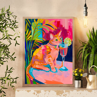 Cat Cocktail Print - Cat Decor - Trendy Cocktail Print - Preppy Wall Art - Trending Art - College Dorm Decor - Pink Bedroom Decor LiveOakPrint