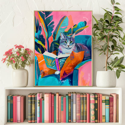 Cat Reading Print - Bookish Decor - Book Print - Boho Cat Decor - Trending Art - Reading Nook Decor - Pink Bedroom Decor LiveOakPrint