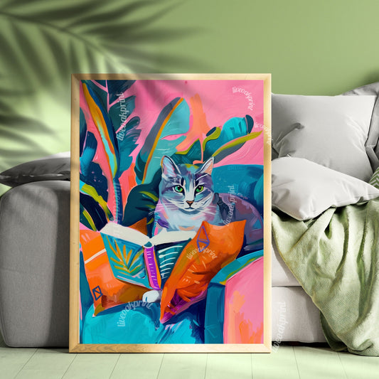 Cat Reading Print - Bookish Decor - Book Print - Boho Cat Decor - Trending Art - Reading Nook Decor - Pink Bedroom Decor LiveOakPrint