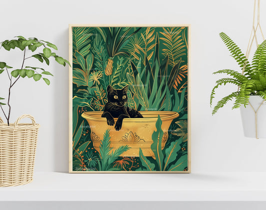 Cat in A Bathtub Print - Tropical Bathroom Art - Gold and Green Bathroom - Funny Cat Bathroom Print - Funny Cat Art - Cat Bathroom Print LiveOakPrint