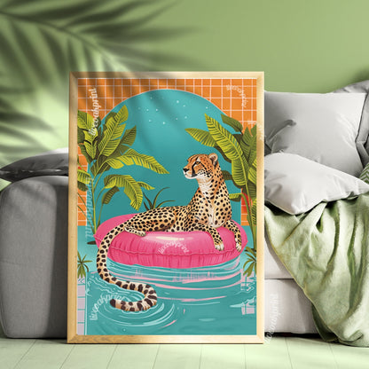 Cheetah Floating in a Pool - Summer Wall Art - Maximalist Wall Art - Cheetah Print - Cheetah Wall Art - Jungle Wall Decor LiveOakPrint