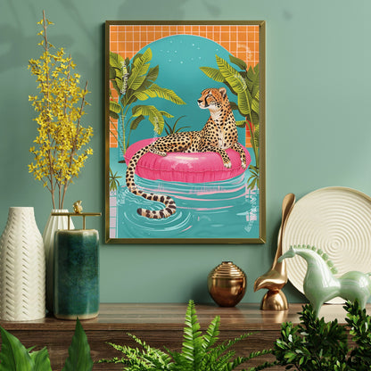 Cheetah Floating in a Pool - Summer Wall Art - Maximalist Wall Art - Cheetah Print - Cheetah Wall Art - Jungle Wall Decor LiveOakPrint