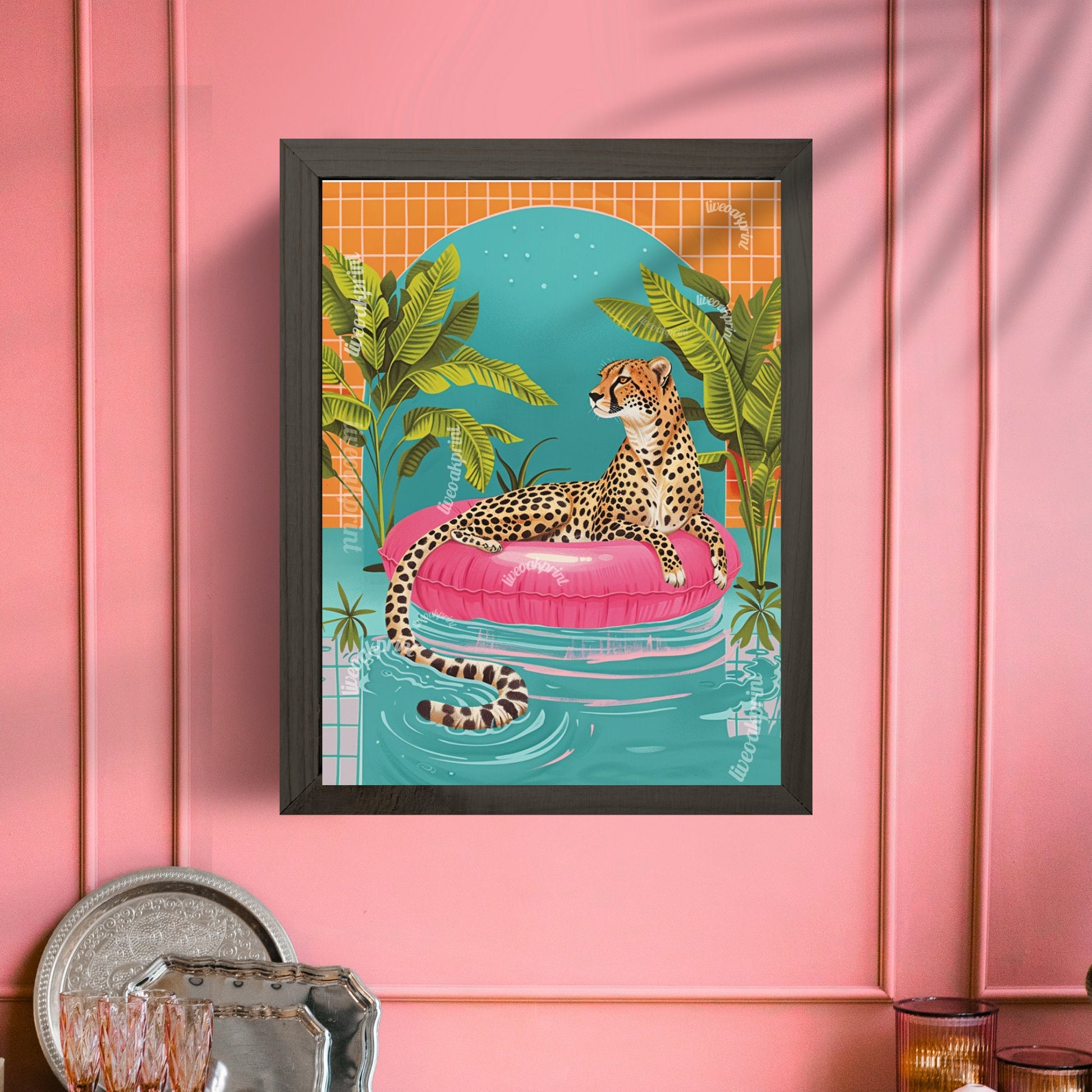 Cheetah Floating in a Pool - Summer Wall Art - Maximalist Wall Art - Cheetah Print - Cheetah Wall Art - Jungle Wall Decor LiveOakPrint