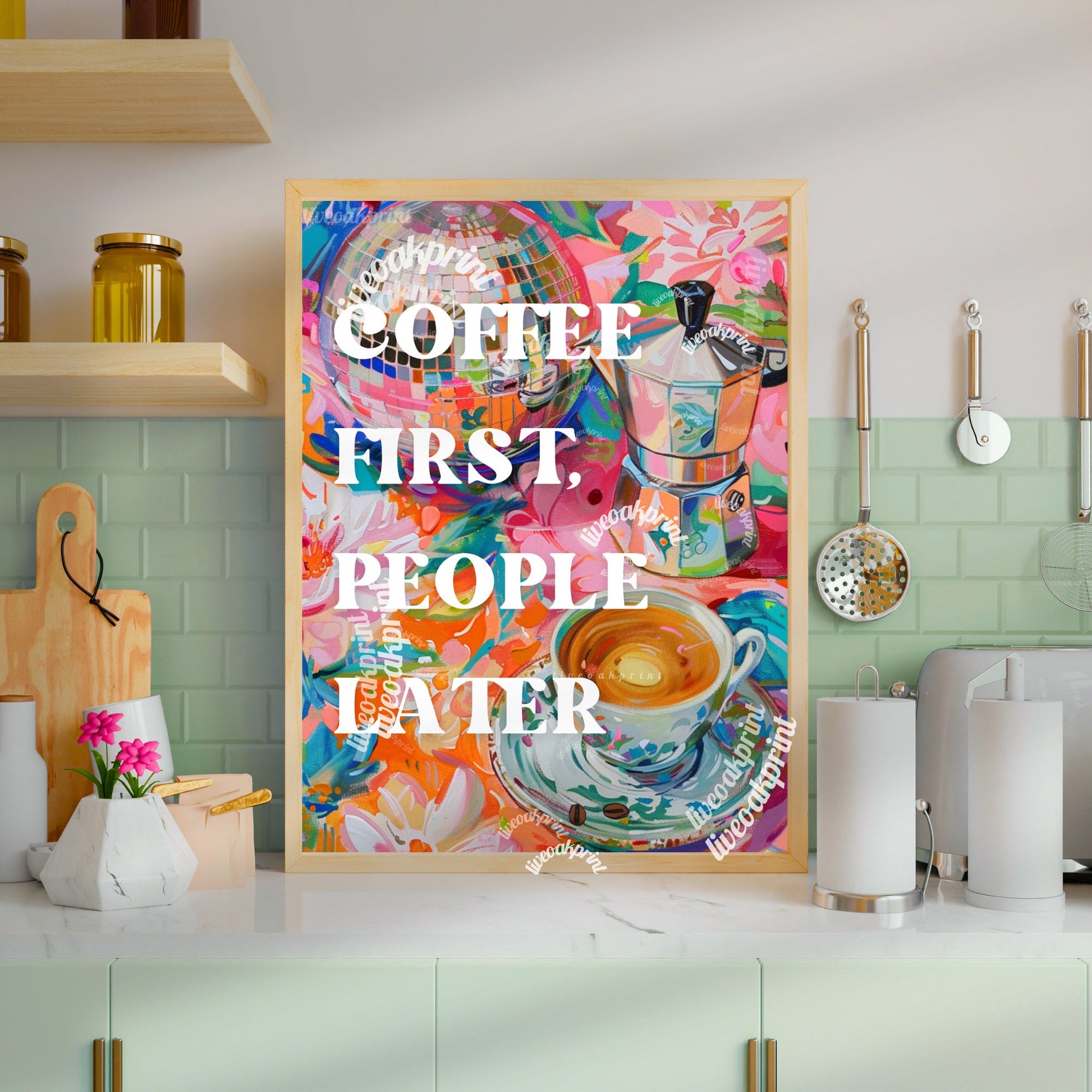 Coffee First, People Later Print - Funny Coffee Print - Disco Coffee Print - Disco Kitchen Art - Maximalist Kitchen Wall Art LiveOakPrint