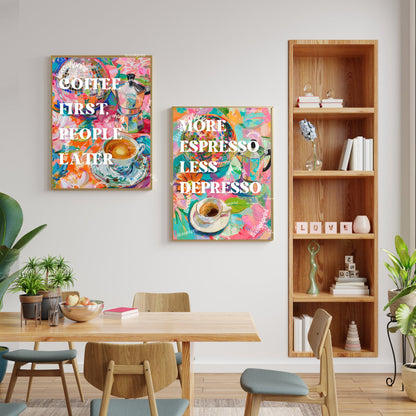 Coffee First, People Later Print - Funny Coffee Print - Disco Coffee Print - Disco Kitchen Art - Maximalist Kitchen Wall Art LiveOakPrint