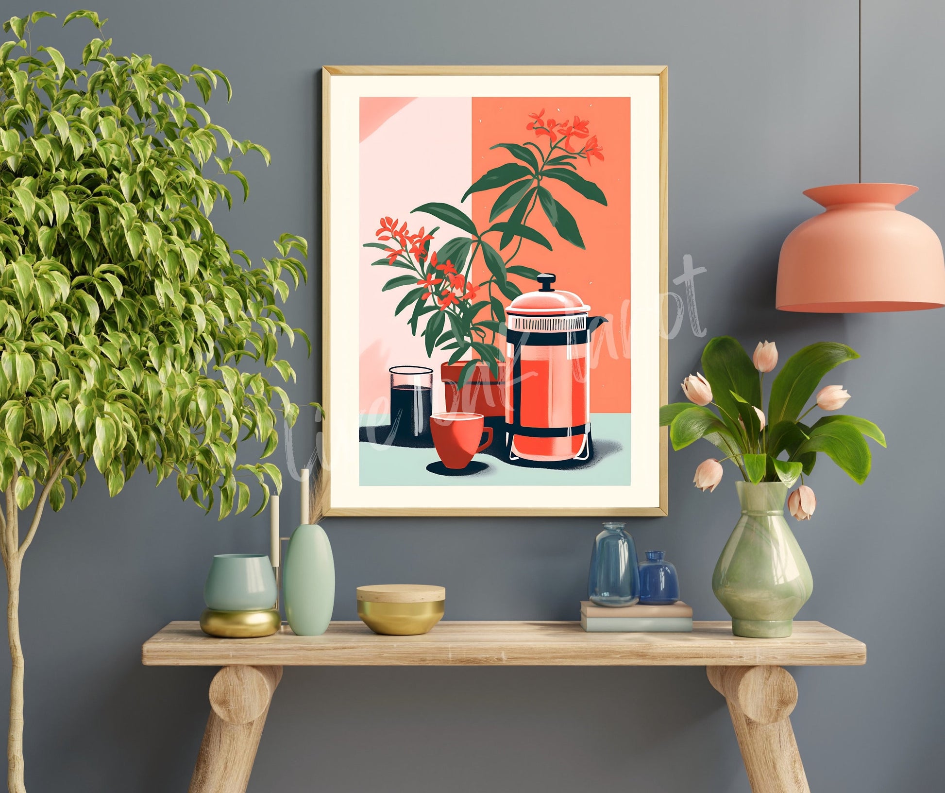 Coffee Press Wall Art - French Press Kitchen Art - French Press Art Print - Coffee Kitchen Art - Botanical Kitchen Print LiveOakPrint