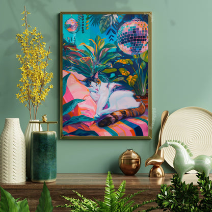 Cozy Disco Cat - Sleeping Cat - Botanical Cat Print - Disco Ball Cat Print - Boho Wall Art- Eclectic Bedroom Art - Boho Living Room LiveOakPrint