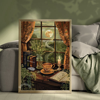 Cozy Reading Nook - Antique Tea Print  -Earthy Cottagecore Print - Dark Cottagecore - Green Witch Print - Reading Corner Decor