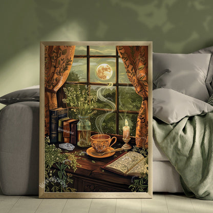 Cozy Reading Nook - Antique Tea Print -Earthy Cottagecore Print - Dark Cottagecore - Green Witch Print - Reading Corner Decor LiveOakPrint