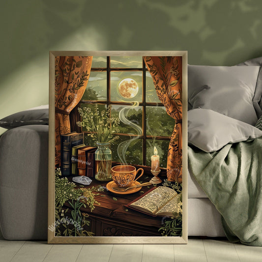 Cozy Reading Nook - Antique Tea Print -Earthy Cottagecore Print - Dark Cottagecore - Green Witch Print - Reading Corner Decor LiveOakPrint