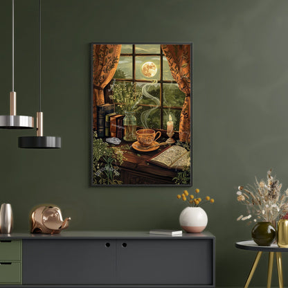 Cozy Reading Nook - Antique Tea Print -Earthy Cottagecore Print - Dark Cottagecore - Green Witch Print - Reading Corner Decor LiveOakPrint