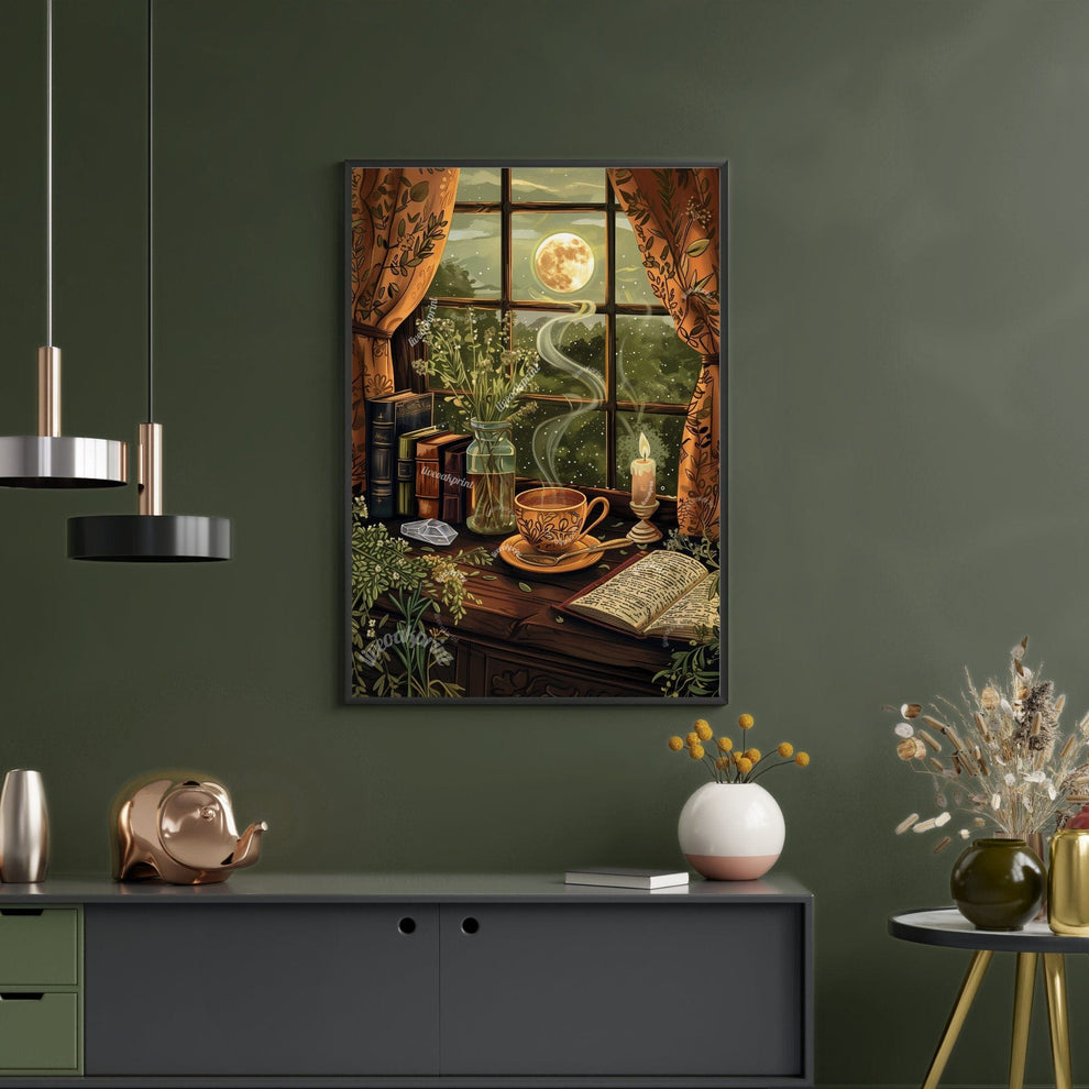 Cozy Reading Nook - Antique Tea Print -Earthy Cottagecore Print - Dark Cottagecore - Green Witch Print - Reading Corner Decor LiveOakPrint