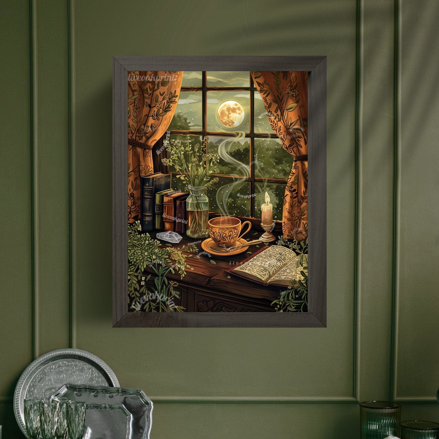Cozy Reading Nook - Antique Tea Print -Earthy Cottagecore Print - Dark Cottagecore - Green Witch Print - Reading Corner Decor LiveOakPrint