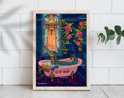 Crocodile in a Bathtub - Vintage Inspired Crocodile Print LiveOakPrint