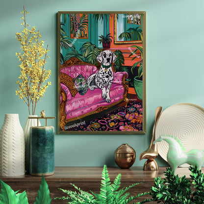 Dalmatian Lounging on a Luxury Sofa - Maximalist Dog Print - Dog Wall Art - Jungle Wall Decor - Maximalist Living Room LiveOakPrint