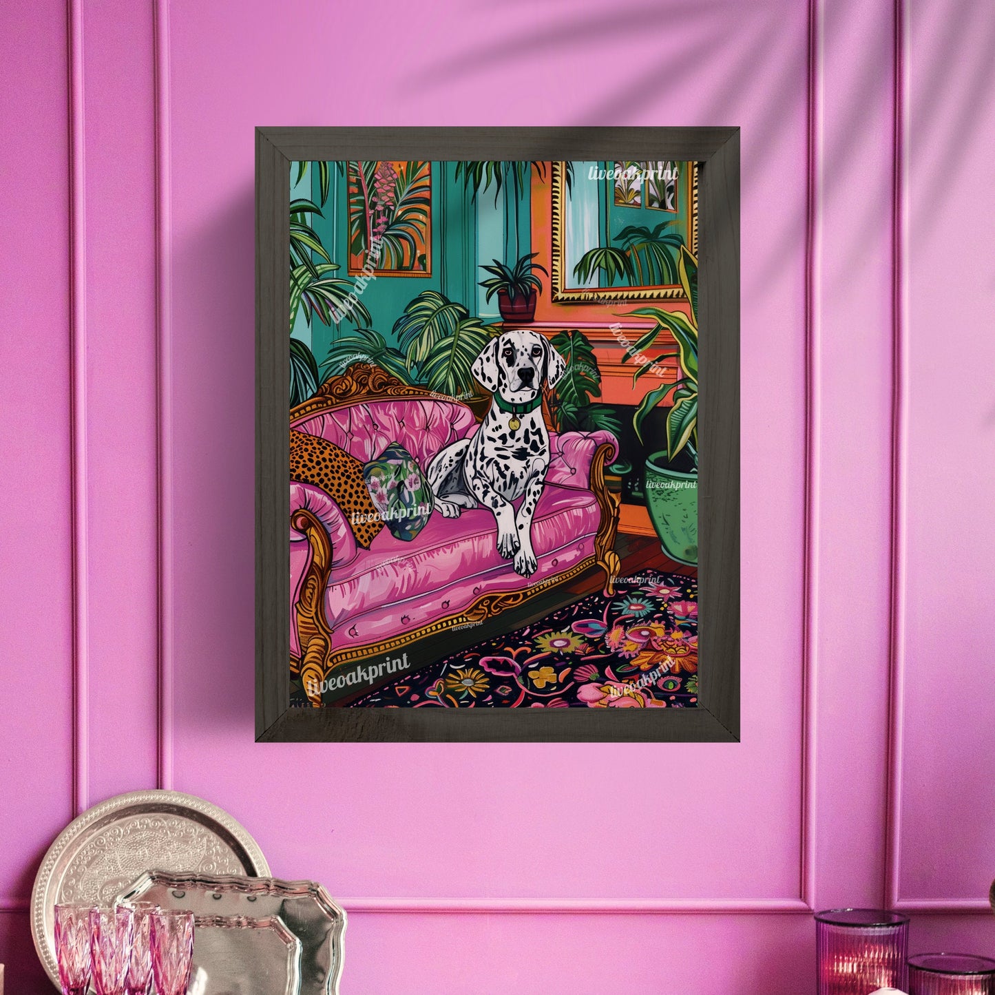 Dalmatian Lounging on a Luxury Sofa - Maximalist Dog Print - Dog Wall Art - Jungle Wall Decor - Maximalist Living Room LiveOakPrint