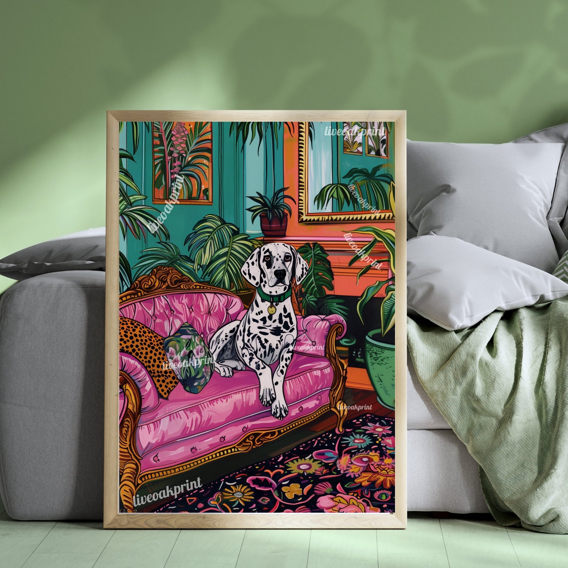 Dalmatian Lounging on a Luxury Sofa - Maximalist Dog Print - Dog Wall Art - Jungle Wall Decor - Maximalist Living Room LiveOakPrint