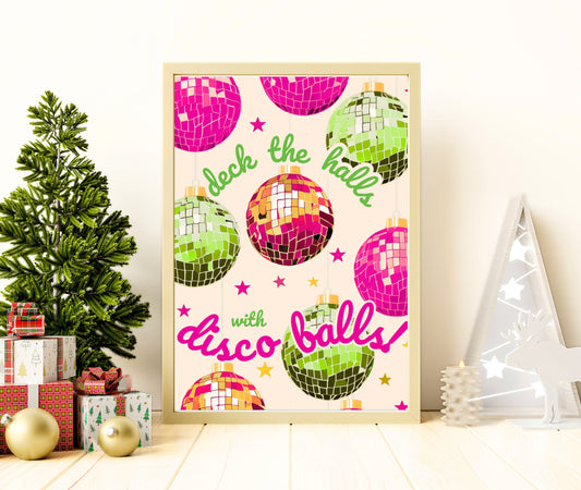 Deck The Halls With Disco Balls Pink and Lime Green - Disco Christmas Print - Disco Christmas Decor - Disco Print LiveOakPrint