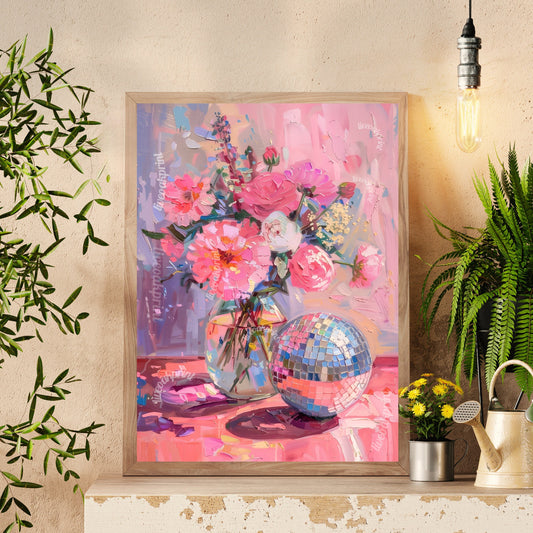 Disco Ball and Flowers - Disco Kitchen Print - Pink Wall Art - Living Room Wall Art - Boho Wall Decor - Classy Disco Print LiveOakPrint