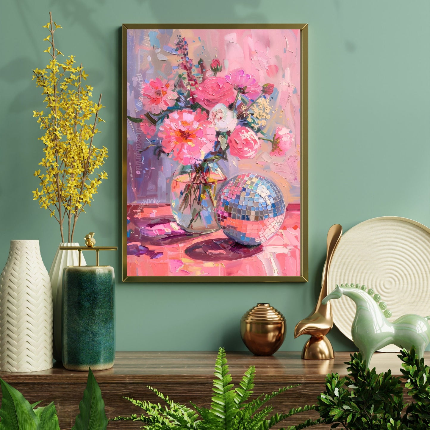 Disco Ball and Flowers - Disco Kitchen Print - Pink Wall Art - Living Room Wall Art - Boho Wall Decor - Classy Disco Print LiveOakPrint