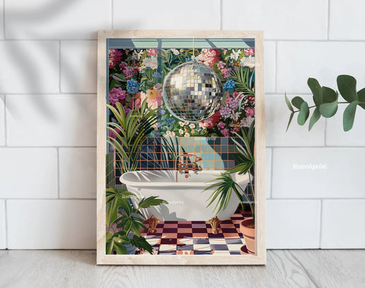 Disco Bathroom Print - Disco Ball Bathtub - Dopamine Bathroom Art - Eclectic Bathroom Decor - Boho Wall Art LiveOakPrint