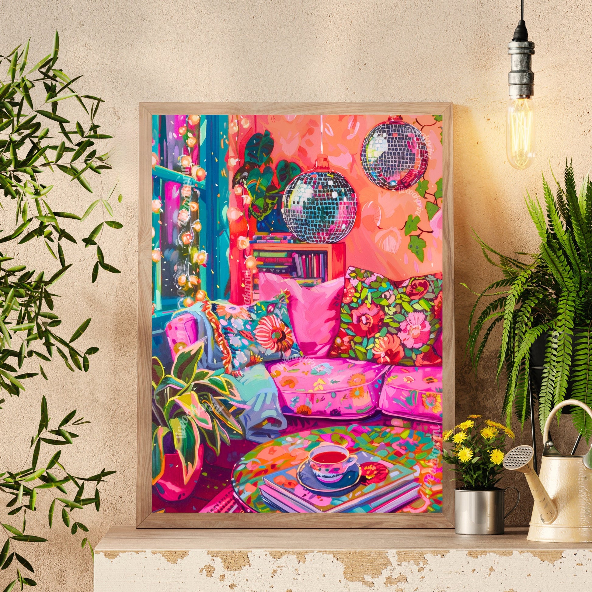 Disco Living Room Print - Disco Living Room Poster - Maximalist Wall Art - Maximalist Living Room - Pink and Orange Living Room LiveOakPrint