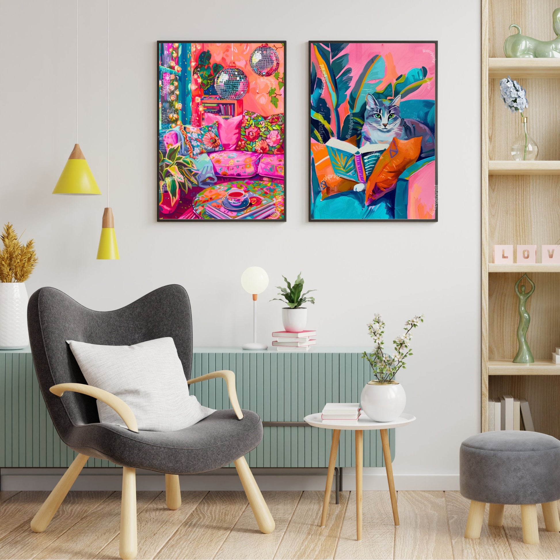 Disco Living Room Print - Disco Living Room Poster - Maximalist Wall Art - Maximalist Living Room - Pink and Orange Living Room LiveOakPrint