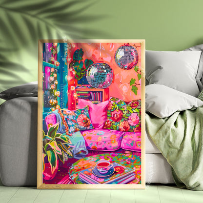 Disco Living Room Print - Disco Living Room Poster - Maximalist Wall Art - Maximalist Living Room - Pink and Orange Living Room LiveOakPrint