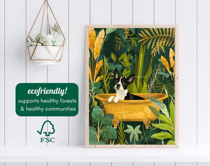 Dog in A Bathtub - Boston Terrier - Tropical Bathroom Art - Gold and Green Bathroom - Funny Dog Print - Dog Bathroom Print - Boho Dog Print LiveOakPrint