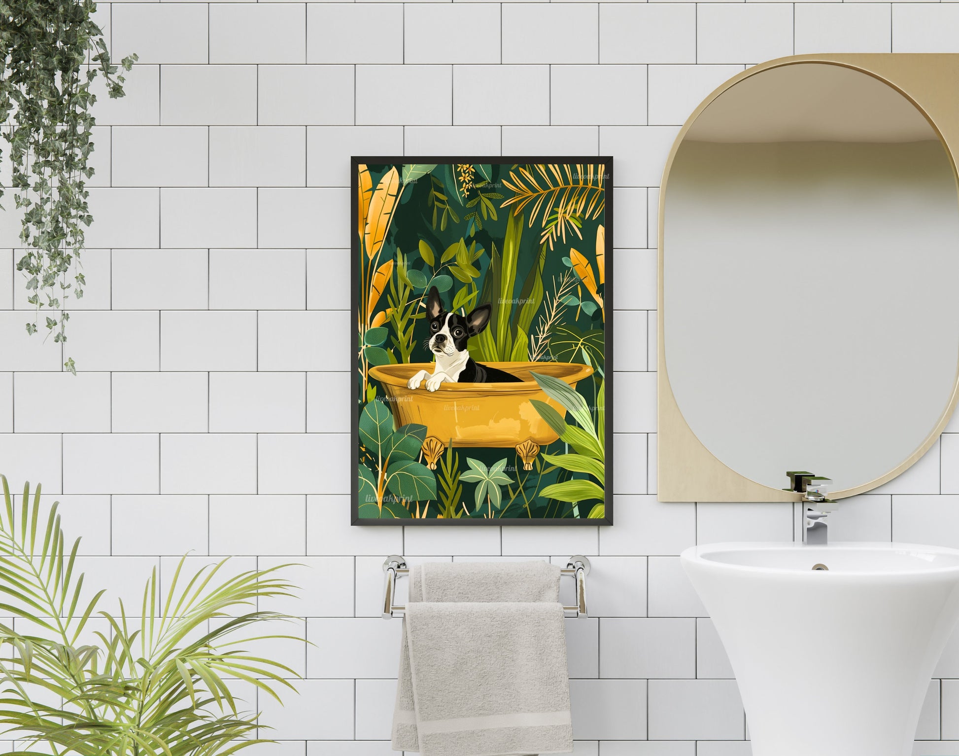 Dog in A Bathtub - Boston Terrier - Tropical Bathroom Art - Gold and Green Bathroom - Funny Dog Print - Dog Bathroom Print - Boho Dog Print LiveOakPrint