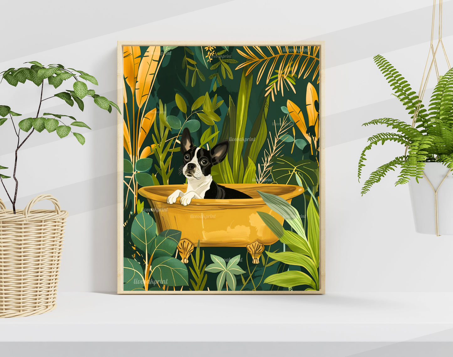 Dog in A Bathtub - Boston Terrier - Tropical Bathroom Art - Gold and Green Bathroom - Funny Dog Print - Dog Bathroom Print - Boho Dog Print LiveOakPrint