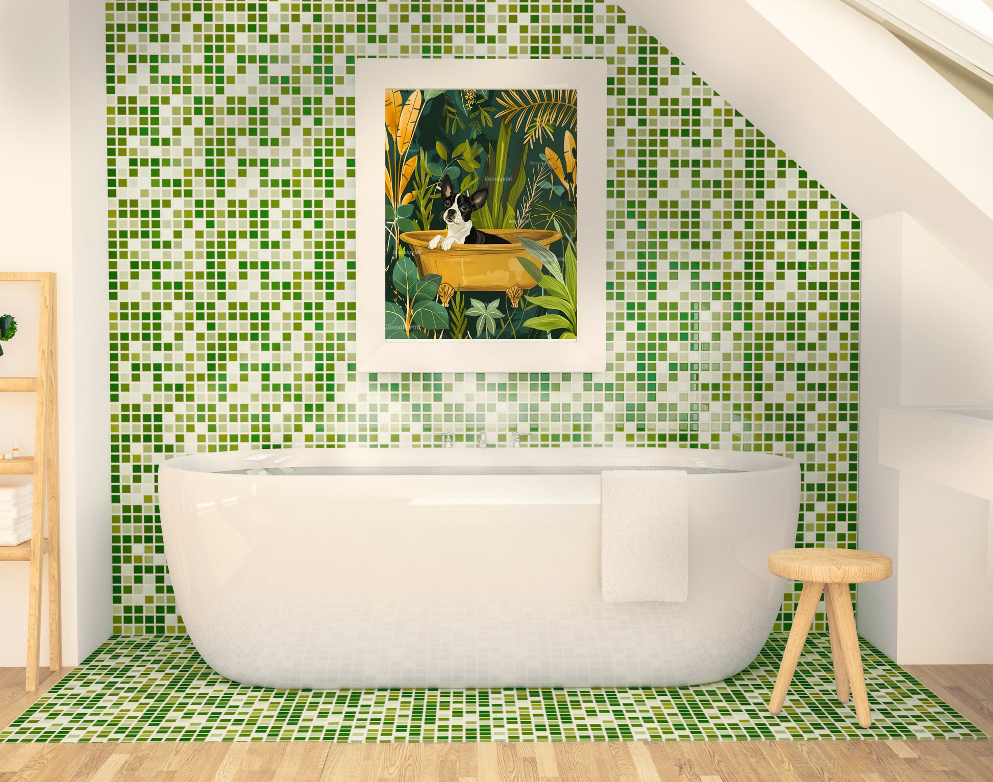 Dog in A Bathtub - Boston Terrier - Tropical Bathroom Art - Gold and Green Bathroom - Funny Dog Print - Dog Bathroom Print - Boho Dog Print LiveOakPrint