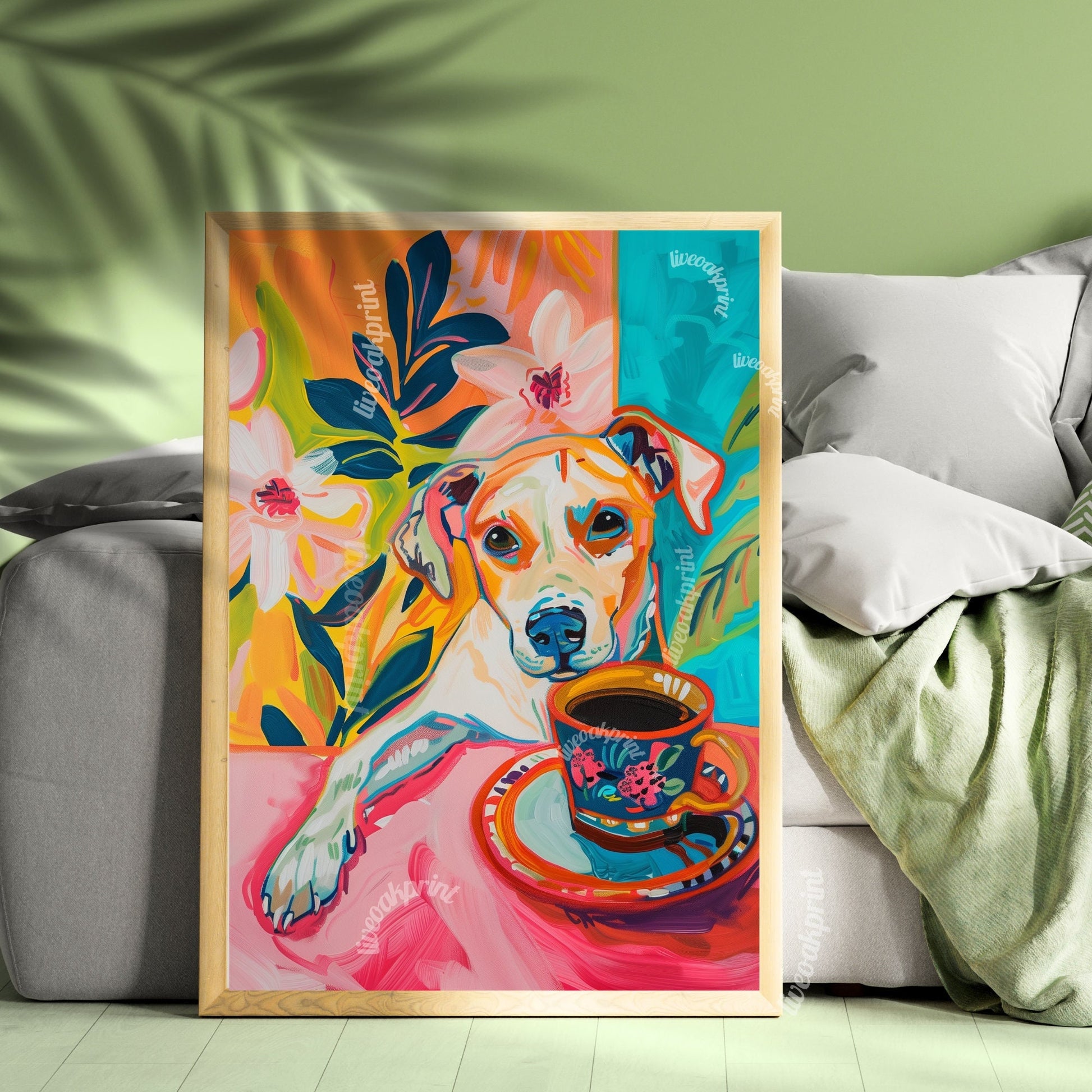 Dog with Coffee Print - Dog Kitchen Decor - Boho Wall Art - Coffee Art Print - Cute Dog Wall Art - Maximalist Kitchen Art - Coffee Bar Decor LiveOakPrint