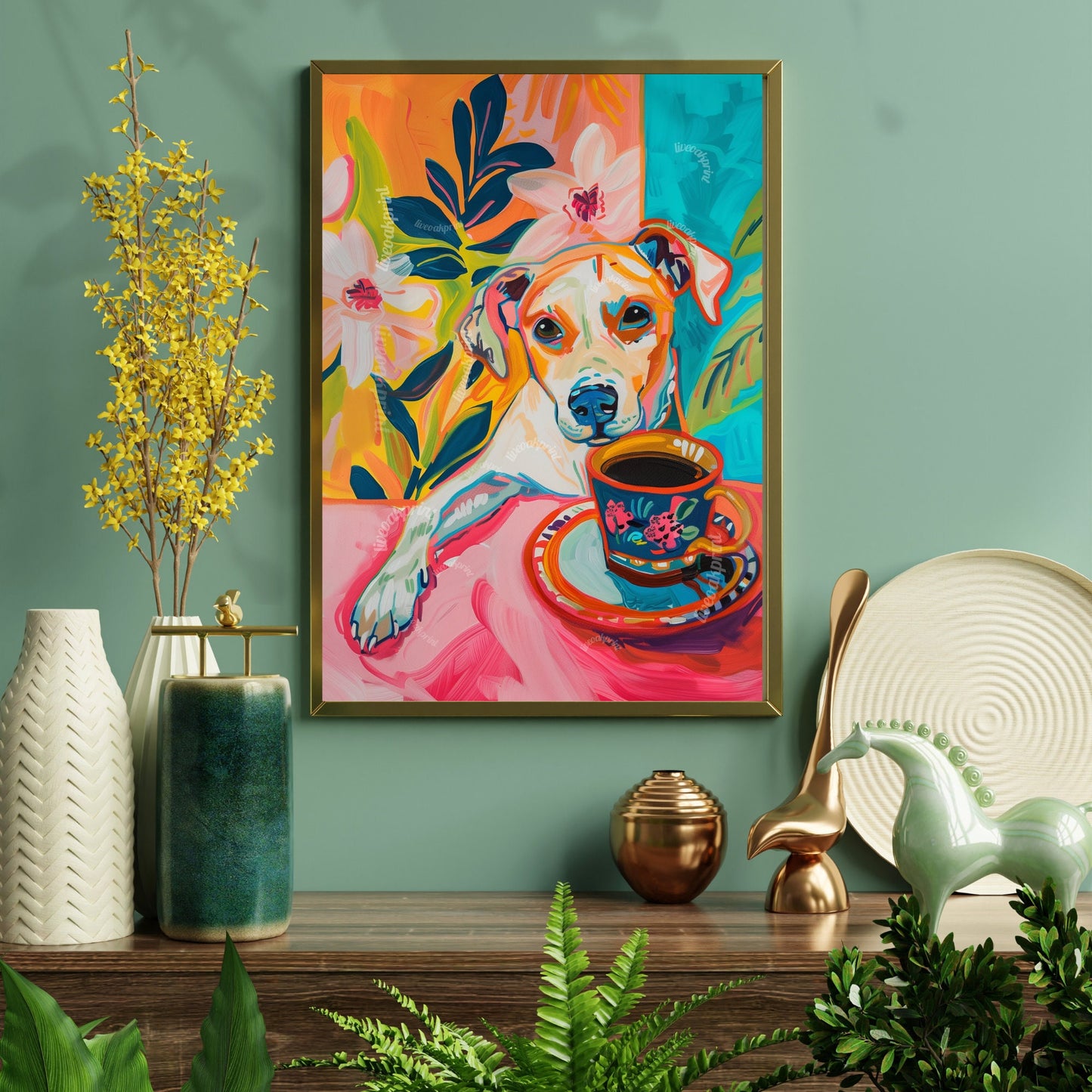 Dog with Coffee Print - Dog Kitchen Decor - Boho Wall Art - Coffee Art Print - Cute Dog Wall Art - Maximalist Kitchen Art - Coffee Bar Decor LiveOakPrint