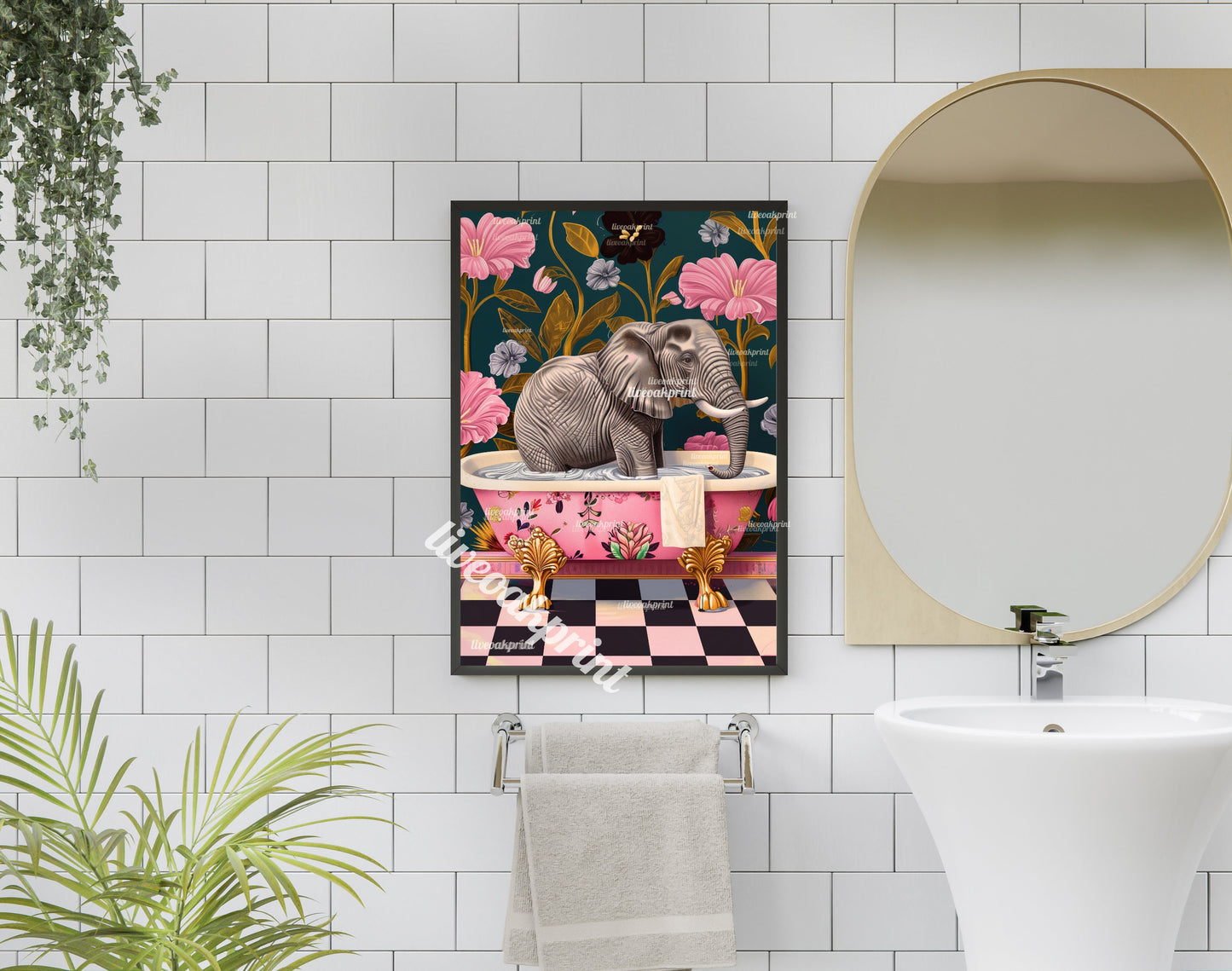 Elephant In A Bathtub - Elephant Bathroom Art - Maximalist Bathroom Decor - Elephant Print - Elephant Wall Art - Eclectic Bathroom Decor LiveOakPrint