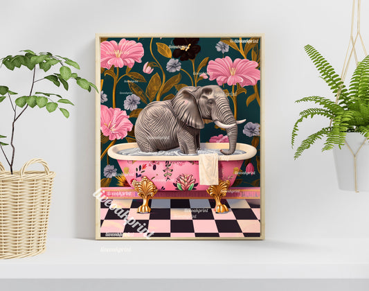 Elephant In A Bathtub - Elephant Bathroom Art - Maximalist Bathroom Decor - Elephant Print - Elephant Wall Art - Eclectic Bathroom Decor LiveOakPrint