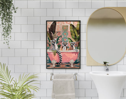 Fellas - Chaotic Lemurs In a Bathtub - Lemur in Bathtub - Lemur Print - Maximalist Bathroom Print - Eclectic Bathroom Decor LiveOakPrint