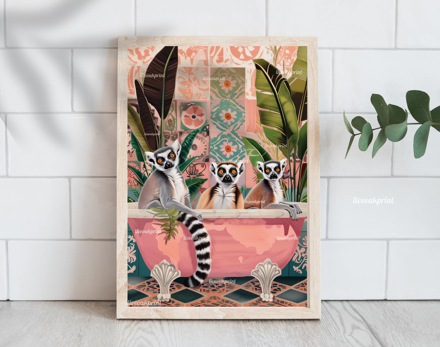 Fellas - Chaotic Lemurs In a Bathtub - Lemur in Bathtub - Lemur Print - Maximalist Bathroom Print - Eclectic Bathroom Decor LiveOakPrint