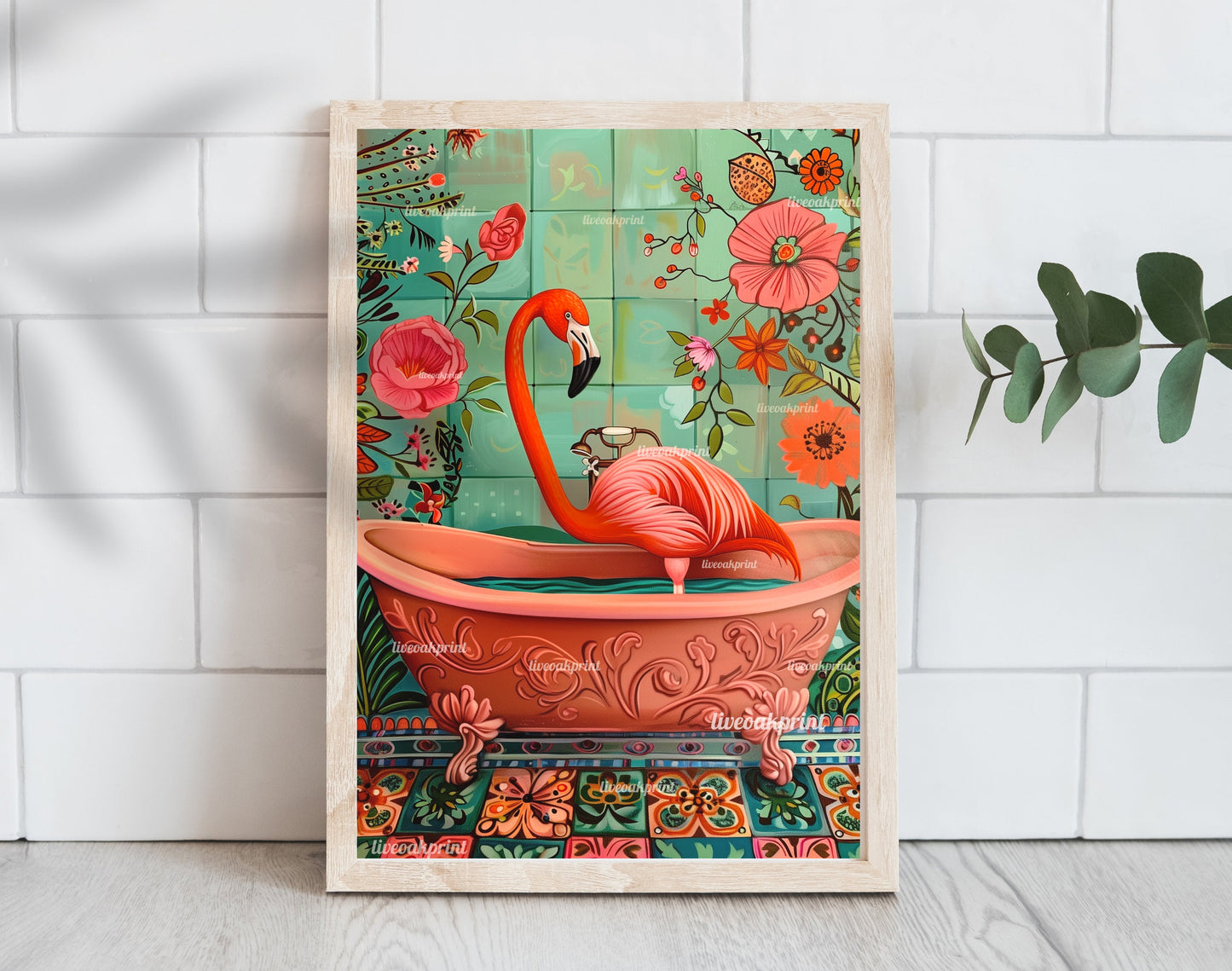 Flamingo in a Bathtub - Flamingo Bathroom Print - Maximalist Bathroom Art - Pink and Blue Bathroom Art LiveOakPrint