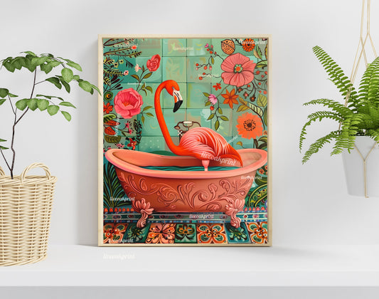 Flamingo in a Bathtub - Flamingo Bathroom Print - Maximalist Bathroom Art - Pink and Blue Bathroom Art LiveOakPrint