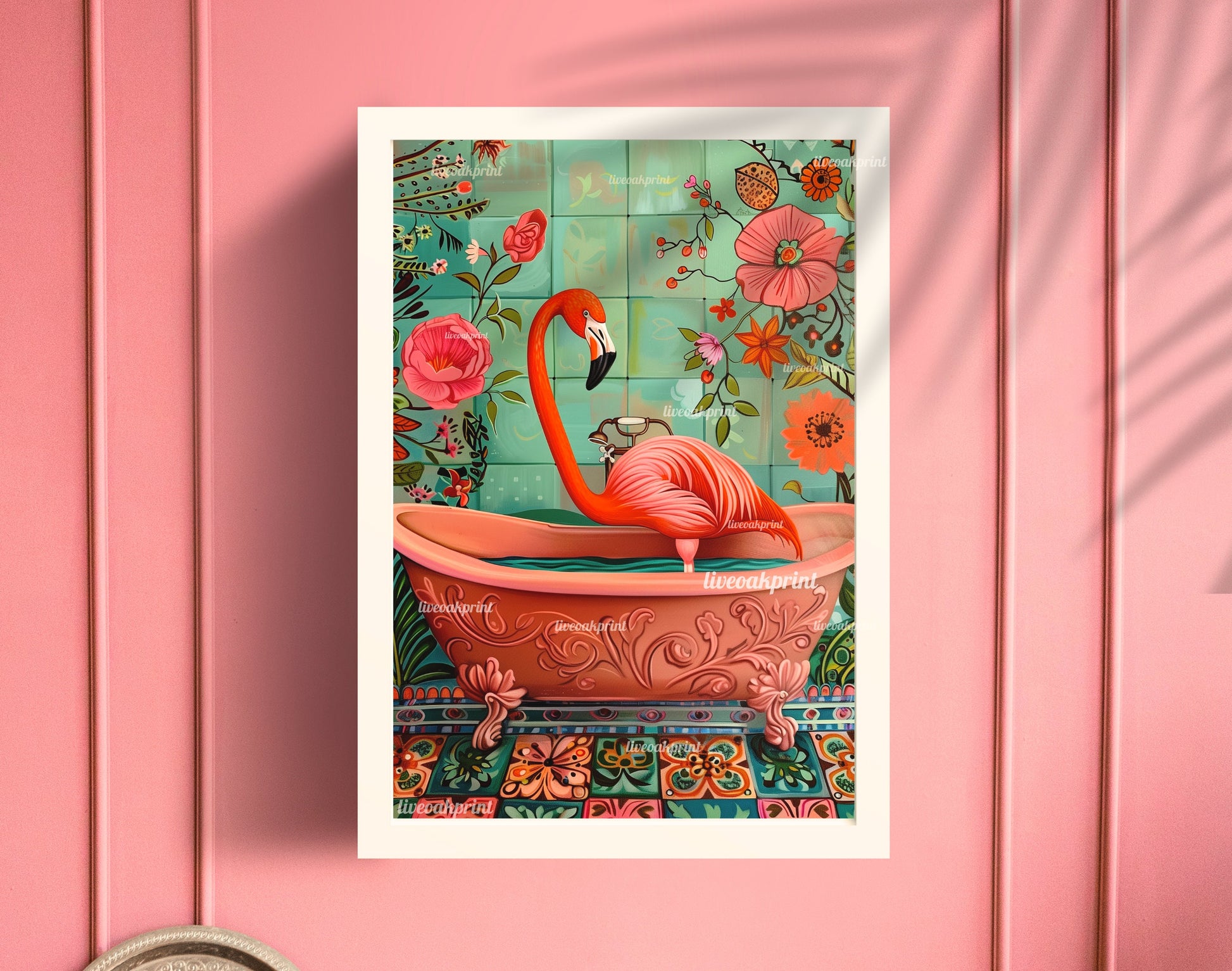 Flamingo in a Bathtub - Flamingo Bathroom Print - Maximalist Bathroom Art - Pink and Blue Bathroom Art LiveOakPrint