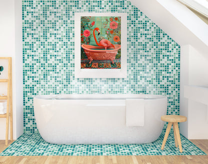 Flamingo in a Bathtub - Flamingo Bathroom Print - Maximalist Bathroom Art - Pink and Blue Bathroom Art LiveOakPrint