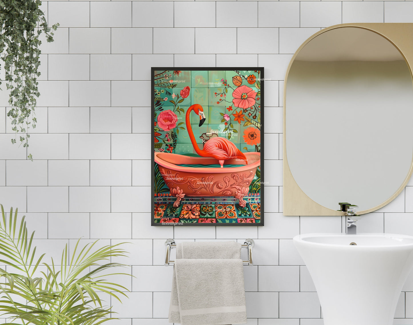 Flamingo in a Bathtub - Flamingo Bathroom Print - Maximalist Bathroom Art - Pink and Blue Bathroom Art LiveOakPrint