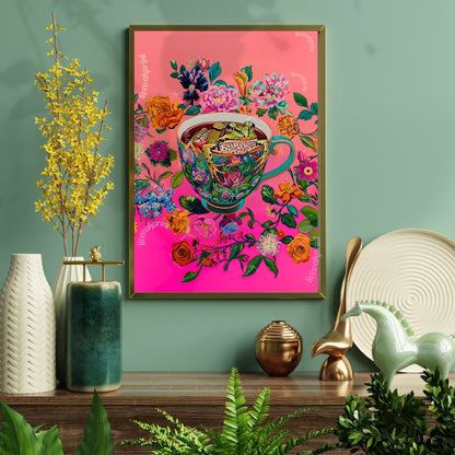 Frog In A Coffee Cup - Frog Kitchen Decor - Maximalist Wall Art - Frog Print - Frog Wall Art - Jungle Decor - Maximalist Kitchen Print LiveOakPrint