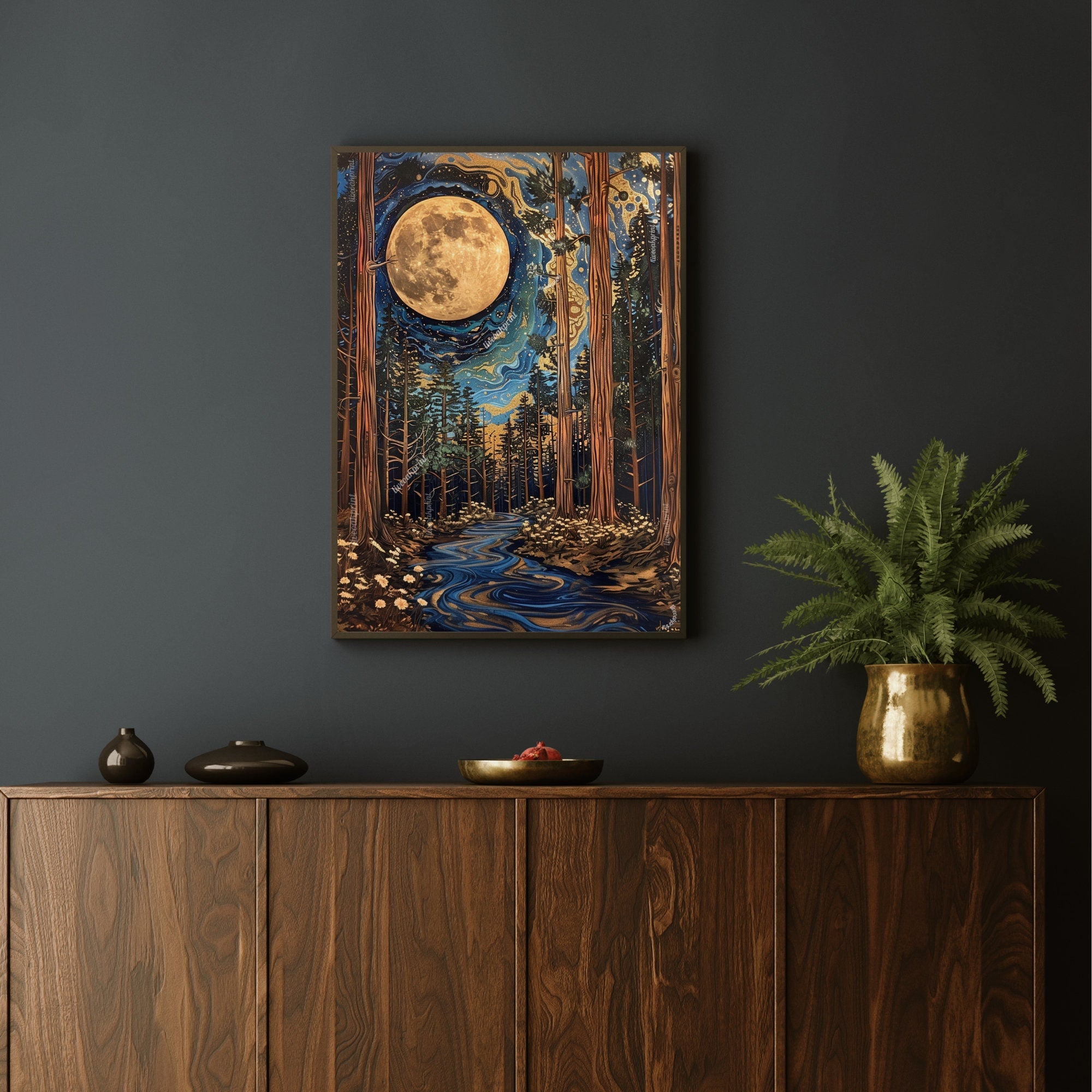 Golden Moon - Moon River Print - Celestial Moon Print - Enchanting Moon Wall Art - Magical Wall Art - Dark Academia Whimsigoth Print